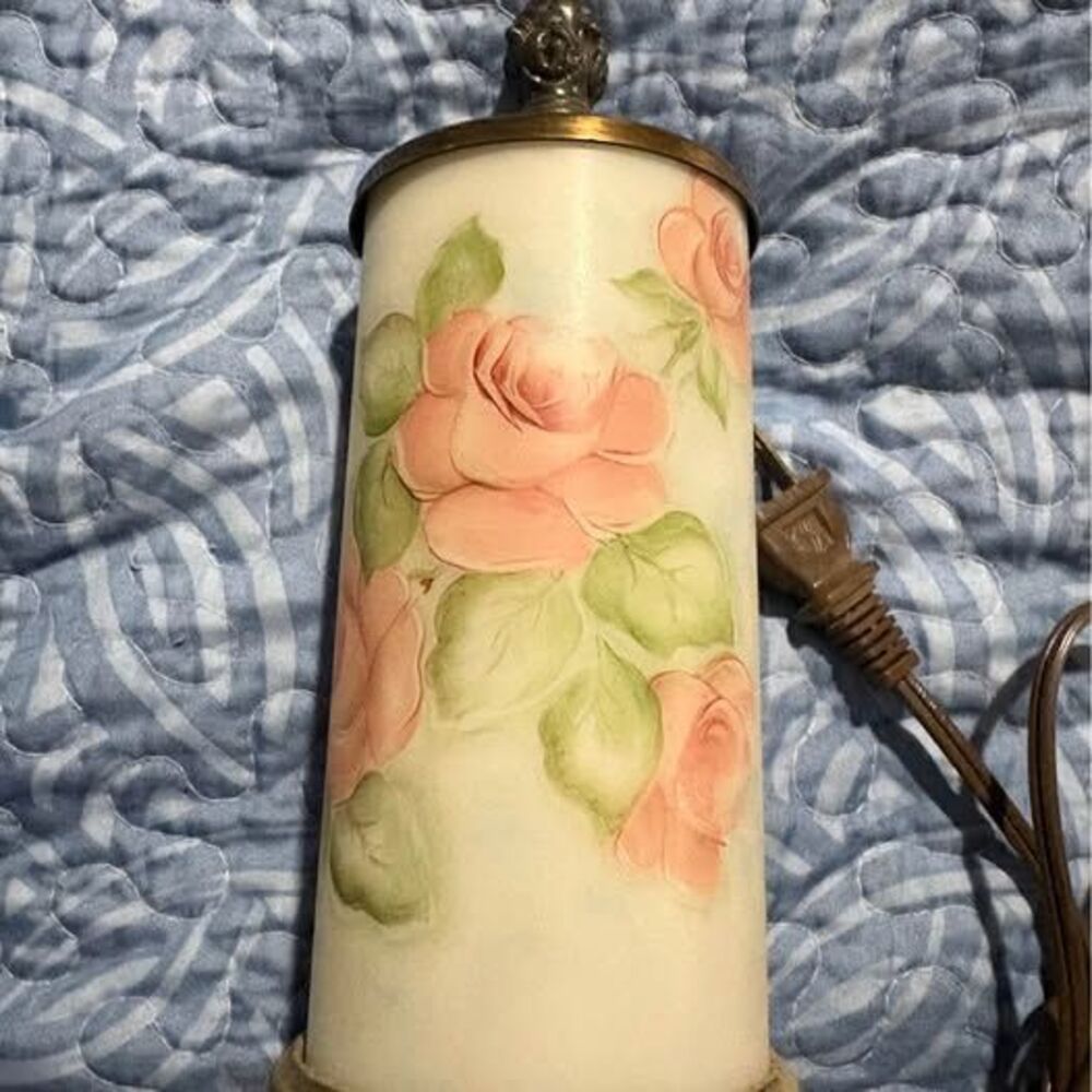antique glass cylinder table lamp hand-painted floral design on an ornate base